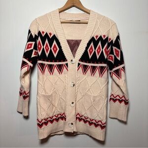 On Blue Fair Isle Cable Knit Geometric Pattern Cardigan Sweater Women’s Small